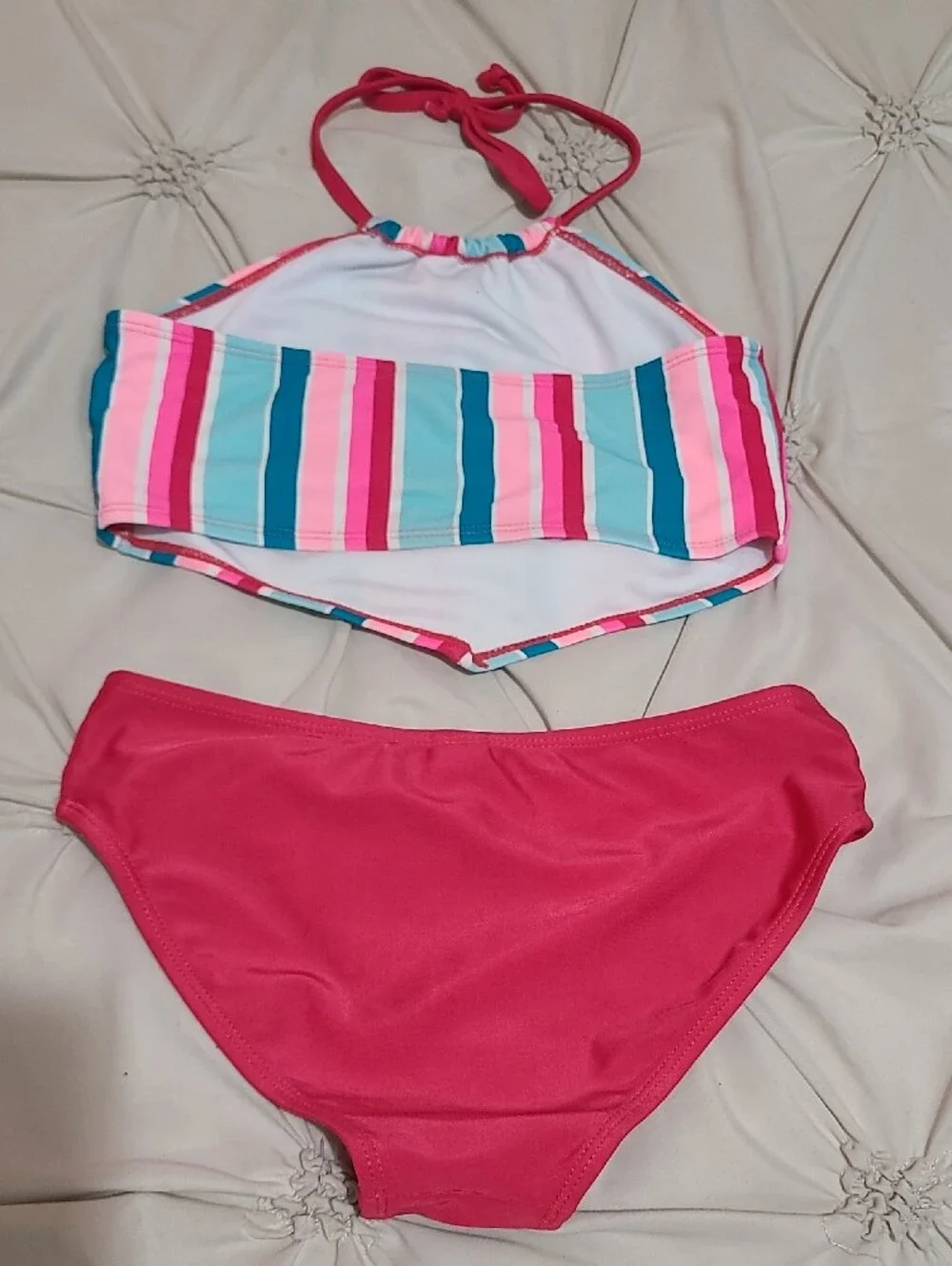 Striped Halter Bikini Top with Solid Pink Bottom